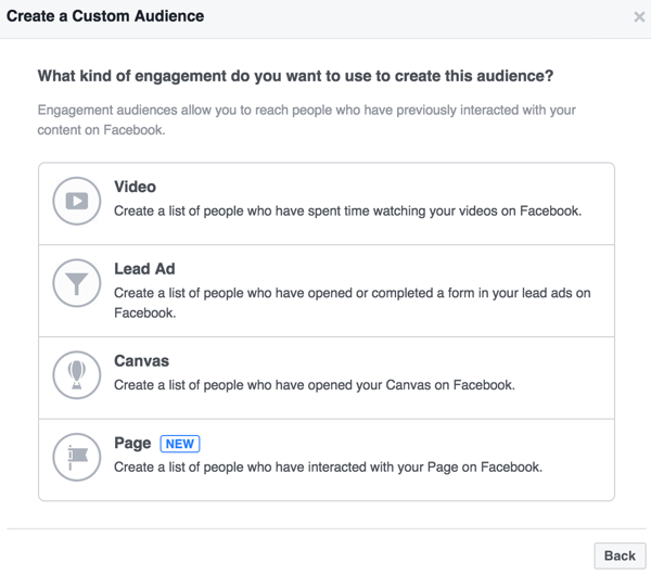 Setelah Anda mengklik untuk membuat audiens berdasarkan interaksi, Anda dapat menentukan audiens berdasarkan interaksi dengan video, iklan prospek, Kanvas, atau halaman.