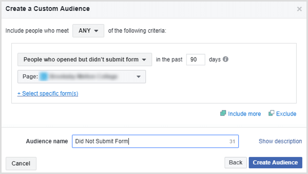 facebook membuat custom audience orang yang tidak mengirimkan formulir prospek