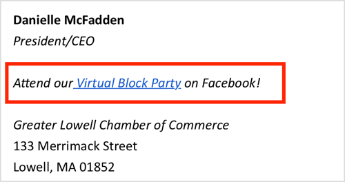 Promosikan acara Facebook virtual Anda di tanda tangan email Anda.