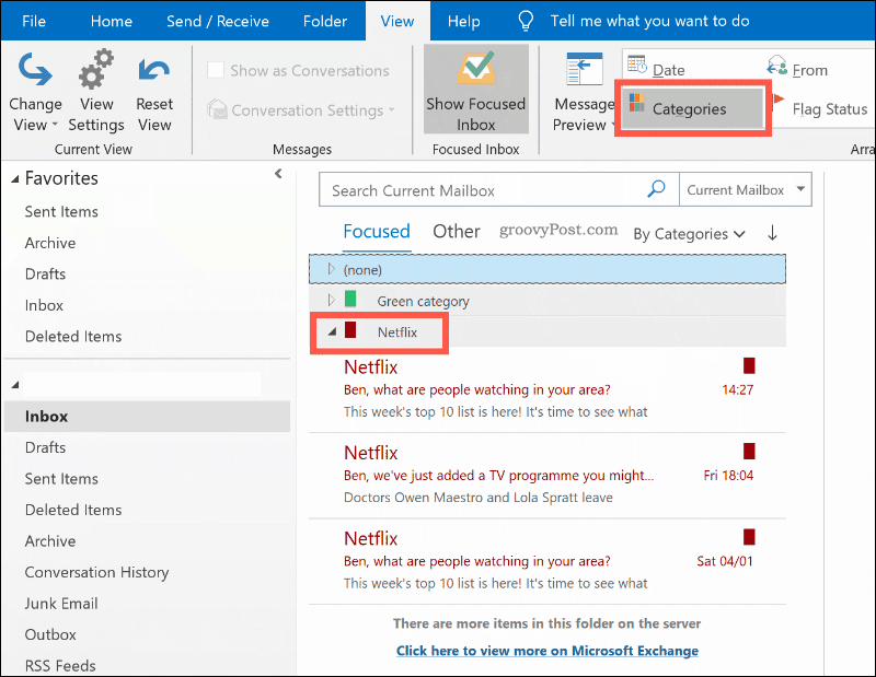Email diurutkan berdasarkan kategori warna di Outlook