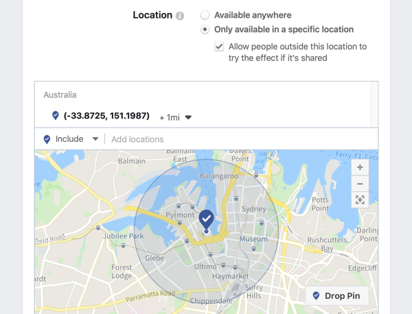 Cara mempromosikan siaran langsung Anda di Facebook, langkah 3, opsi untuk membuat bingkai Facebook spesifik lokasi dan menyesuaikan radius lokasi