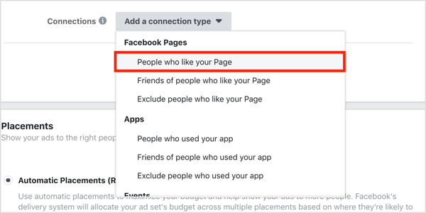 ALTKlik Add a Connection Type dan pilih People Who Like Your Page dari menu drop-down.