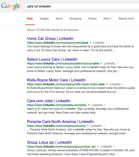 Linkedin hasil halaman perusahaan dalam hasil pencarian google untuk mobil di linkedin