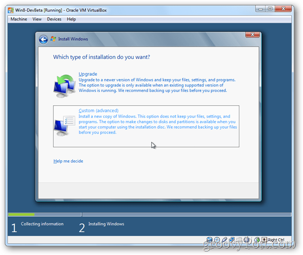 VirtualBox Windows 8 memilih instalasi khusus