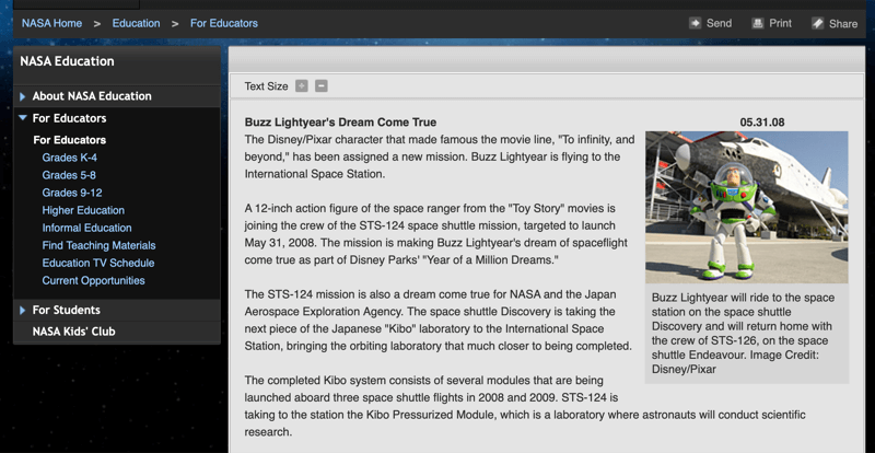Artikel NASA tentang mainan Buzz Lightyear di luar angkasa