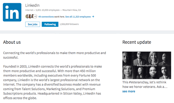 Periksa gambar Anda, Tentang Kami, dan pembaruan di halaman perusahaan LinkedIn Anda.