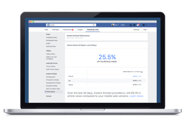Facebook meluncurkan alat analitik baru yang membandingkan kinerja konten yang diterbitkan melalui platform Artikel Instan Facebook dibandingkan dengan web seluler lain yang setara.