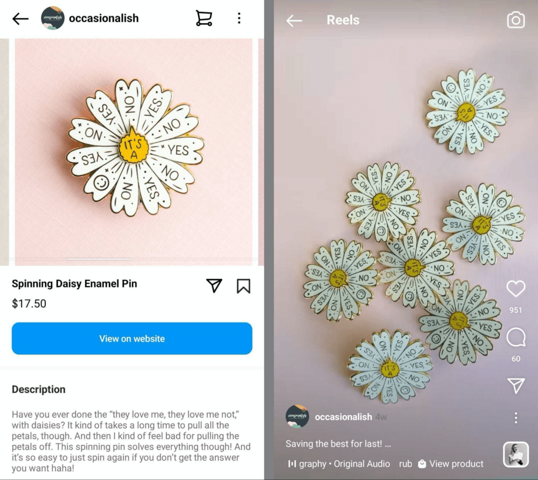gambar produk yang sama di toko Instagram dan gulungan Instagram