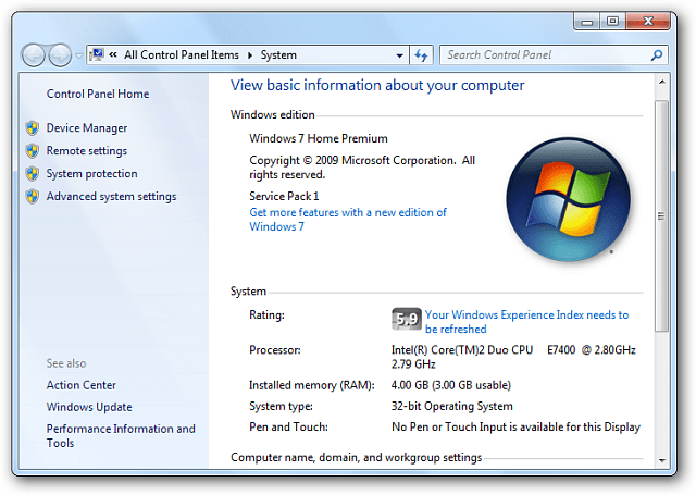 Alat WEI Windows 7