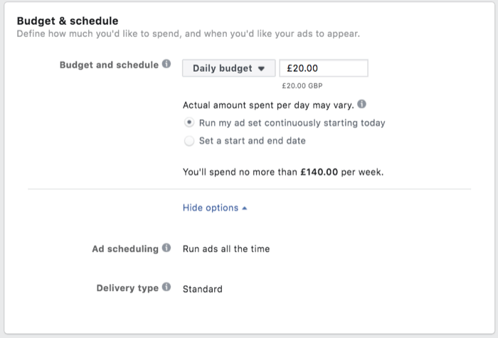 opsi menu untuk anggaran & jadwal dengan anggaran harian ~ $ 24 per hari dan opsi untuk menjalankan kumpulan iklan secara terus menerus