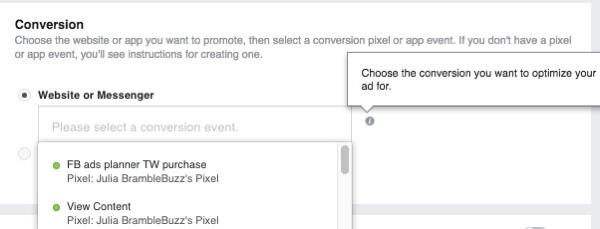Saat Anda menyiapkan kampanye iklan konversi situs web, pilih piksel yang akan digunakan untuk melacak konversi.