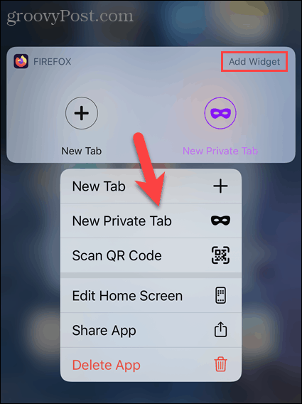 Tekan lama ikon Firefox di iOS dan pilih Tab Pribadi Baru