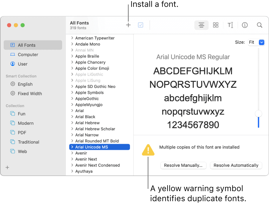 Peringatan font kuning Mac