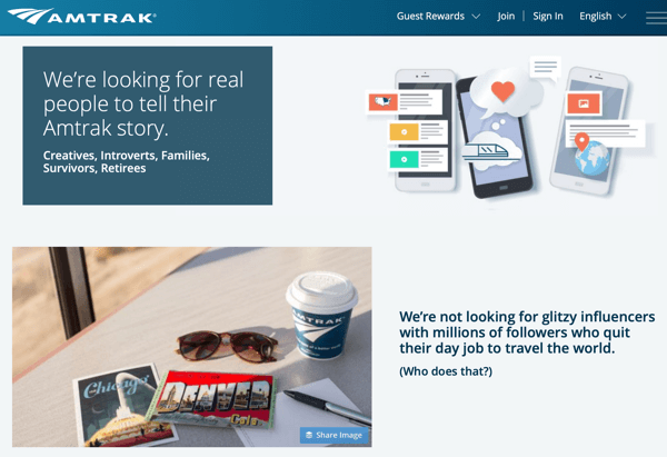 Cara merekrut influencer sosial berbayar, contoh program residensi media sosial Amtrak