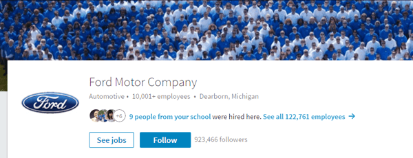 Halaman LinkedIn Ford Motor Company mencakup gambar yang relevan dan detail terbaru.