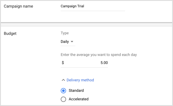 Tambahkan nama kampanye dan anggaran di Google AdWords.