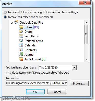 pengaturan arsip manual di Outlook 2010