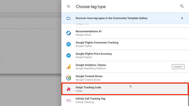 tag pengelola tag google baru dengan memilih opsi menu jenis tag dengan kode pelacakan hotjar disorot