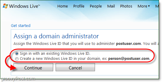 buat akun administrator domain windows live atau gunakan akun langsung saat ini