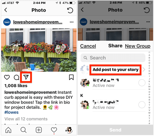 Untuk menambahkan posting publik ke cerita Instagram Anda, buka posting, ketuk ikon pesawat di bawah gambar, lalu pilih Tambahkan Posting ke Kisah Anda dari menu pop-up.