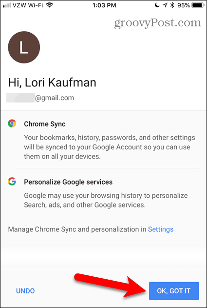 Ketuk OK, Dapatkan di Chrome untuk iOS