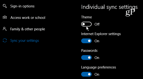 Windows 10 Pengaturan sinkronisasi individual