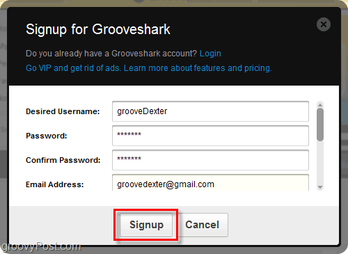 Proses pendaftaran Grooveshark