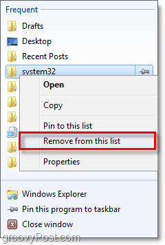 klik kanan item daftar lompatan dan kemudian klik hapus dari daftar