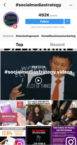 Cara mengembangkan pengikut Instagram Anda secara strategis, langkah 11, temukan contoh postingan yang relevan, contoh penelusuran untuk video "#socialmediastrategy"