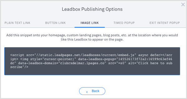 LeadPages leadbox mempublikasikan kode 