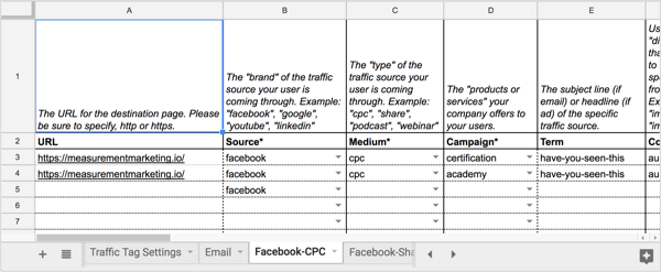 Buka tab Facebook-CPC dari spreadsheet UTM Builder.