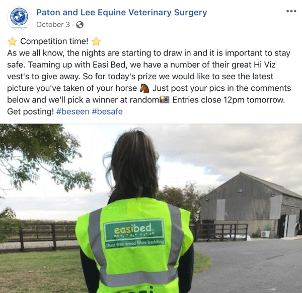 Contoh kiriman Facebook dengan kontes dari Paton dan Lee Equine Veterinary Surger.