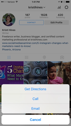 opsi kontak profil bisnis instagram