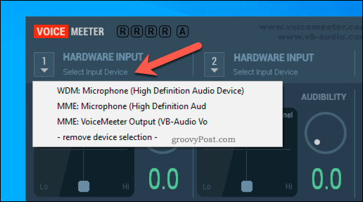 Memilih opsi input perangkat keras VoiceMeeter