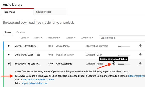 File musik di Koleksi Audio YouTube akan dicatat jika Anda perlu memberi kredit pada pembuat aslinya.