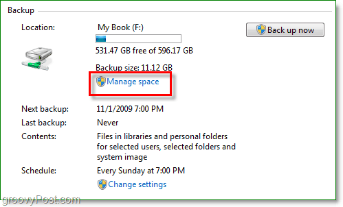 Cadangan Windows 7 - kelola ruang cadangan disk Anda
