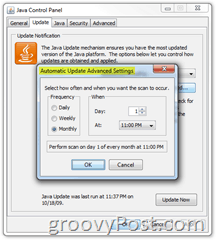 Cuplikan layar: Tab Pembaruan Panel Kontrol Java Bulanan