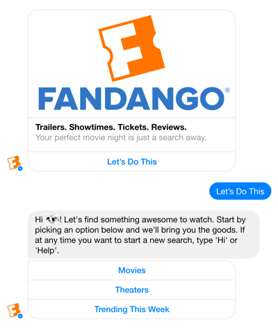 Chatbot Facebook Messenger Fandango membantu memandu pengguna melalui pemilihan film.