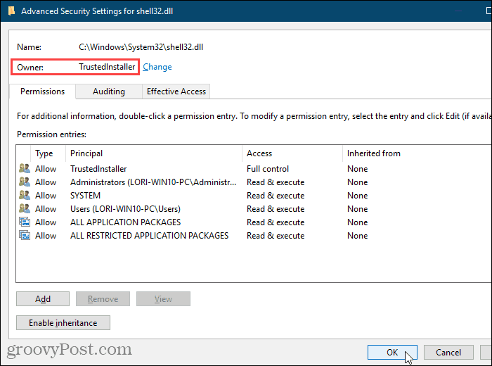 Tutup kotak dialog Pengaturan Keamanan Tingkat Lanjut di Windows Registry Editor
