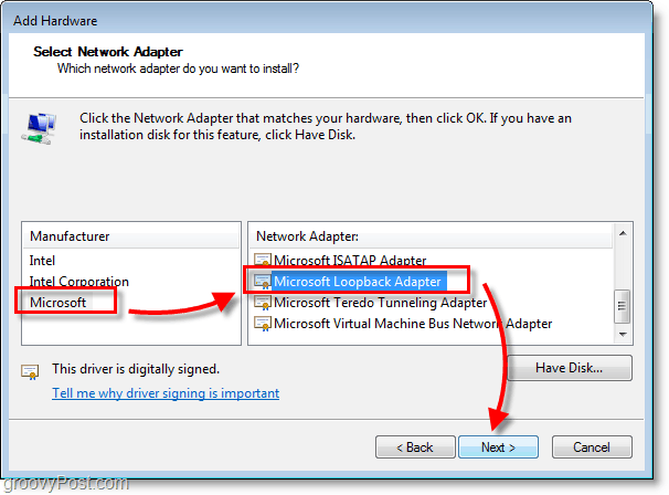 Screenshot Jaringan Windows 7 pilih microsoft> microsoft loopback adapter