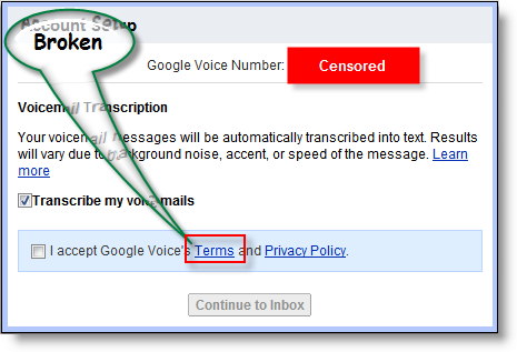 Tautan Ketentuan Layanan Google Voice rusak