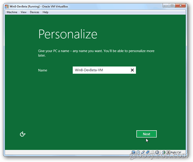 VirtualBox Windows 8 mempersonalisasi nama pc pengaturan