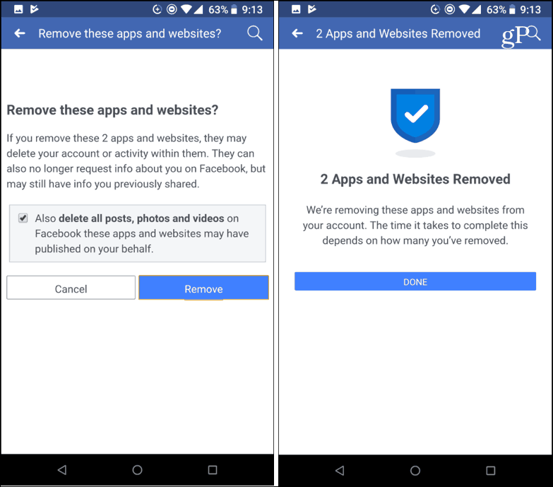 Konfirmasikan penghapusan aplikasi pihak ketiga Facebook seluler