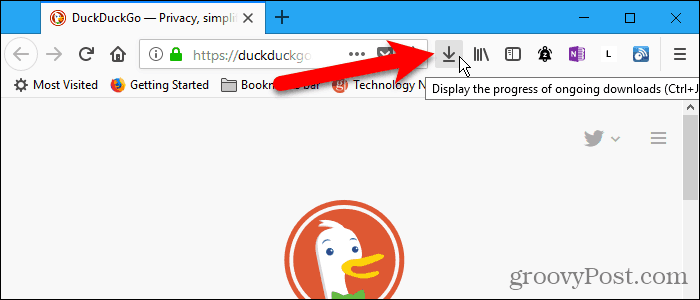 Tombol unduhan pada bilah alat di Firefox
