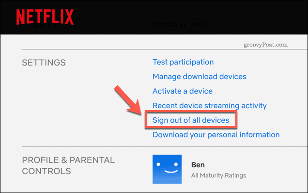 Keluar dari semua perangkat Netflix di halaman pengaturan akun Netflix