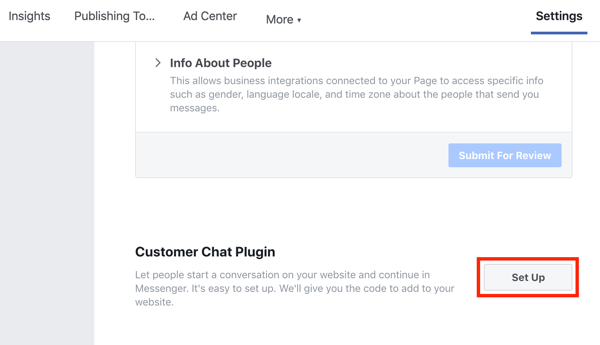 Gunakan Google Tag Manager dengan Facebook, langkah 9, siapkan plugin Obrolan Pelanggan Facebook Anda