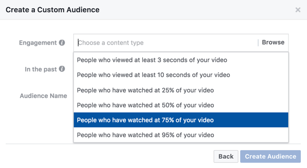 Untuk pemirsa khusus berdasarkan keterlibatan video, Anda dapat memilih berapa banyak video Anda yang perlu ditonton seseorang untuk melihat iklan penargetan ulang Anda.