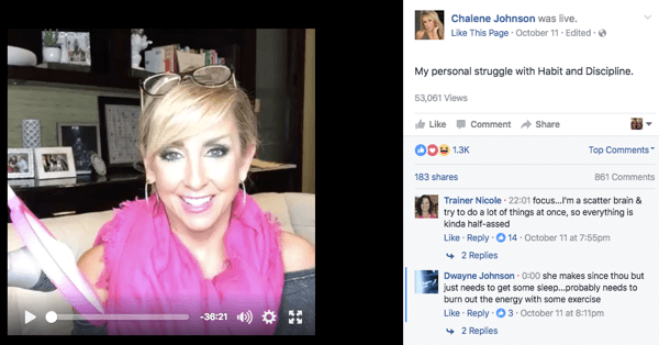 Posting video langsung Facebook di halaman Facebook Chalene.