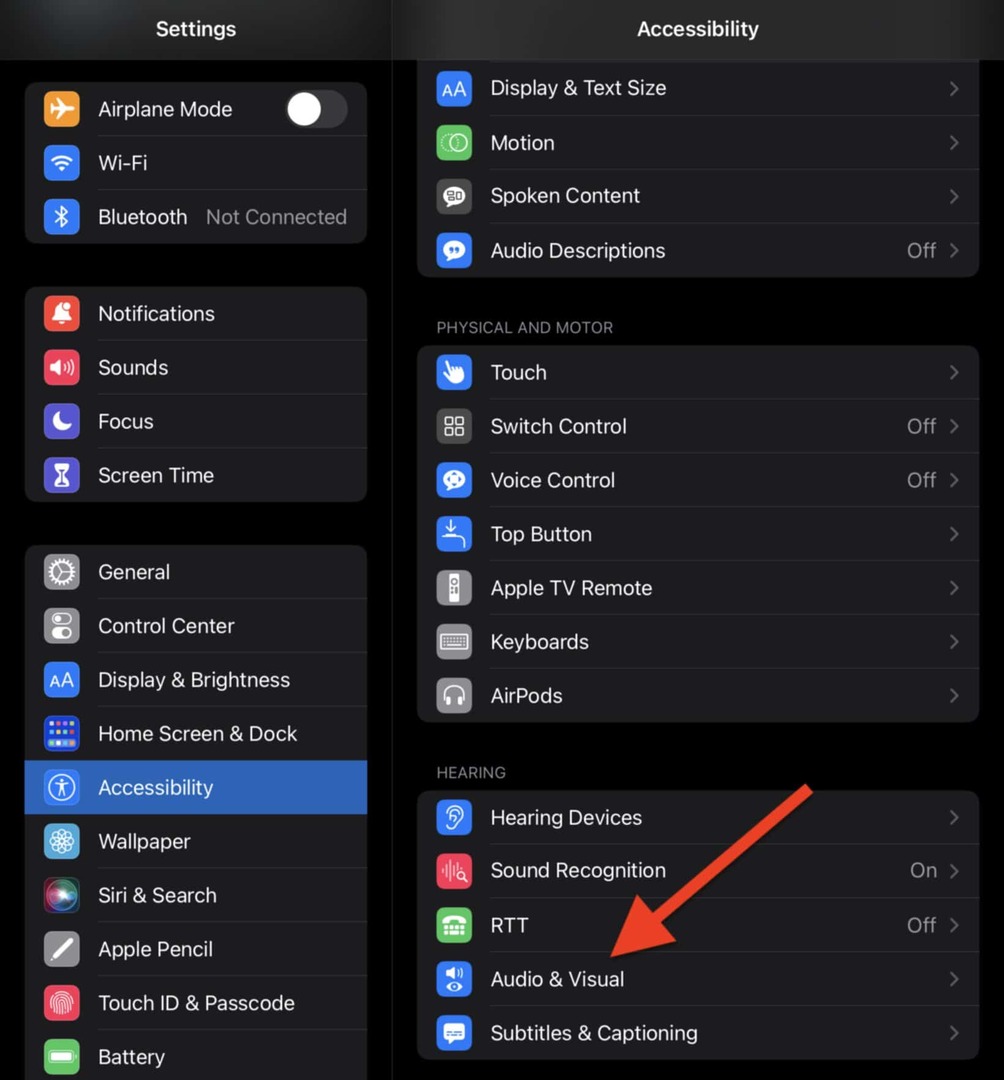 Pilih Audio & Visual di pengaturan Aksesibilitas di iPad Anda