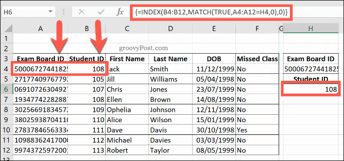 Contoh formula INDEX dan MATCH gabungan di Excel